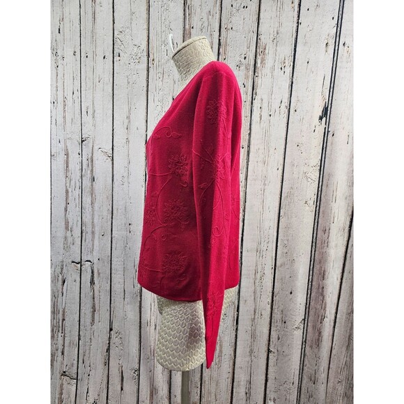 CARLISLE L Silk Wool Embroidered Red Long Slv Lightweight Sweater Pullover EUC - Picture 3 of 8
